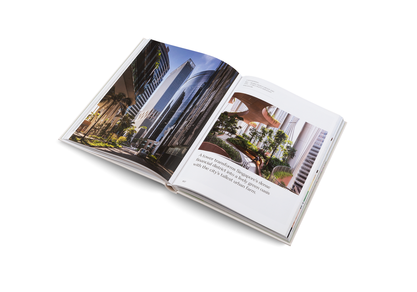 Open book showing architectural images on a white background