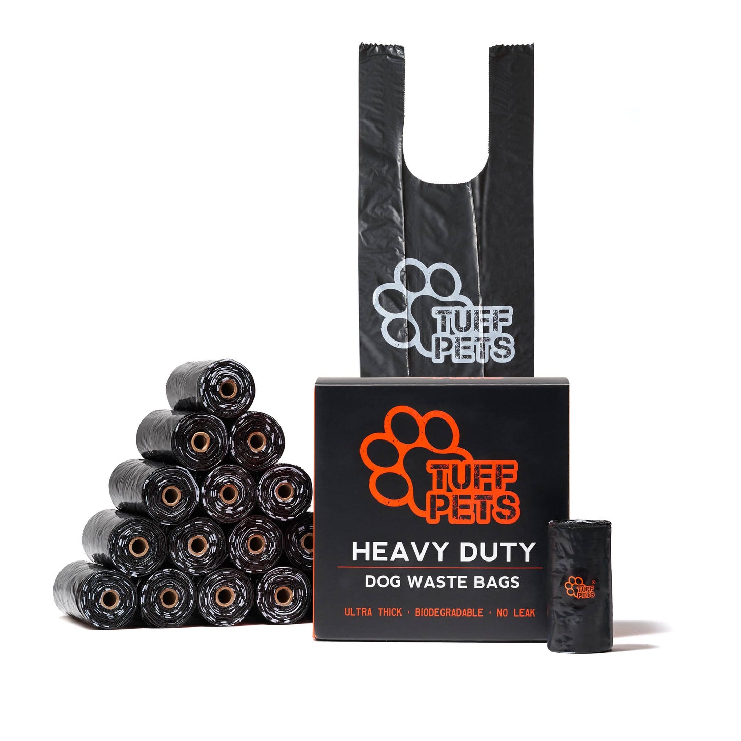 Tuff Pets heavy-duty dog waste bags with packaging on a white background