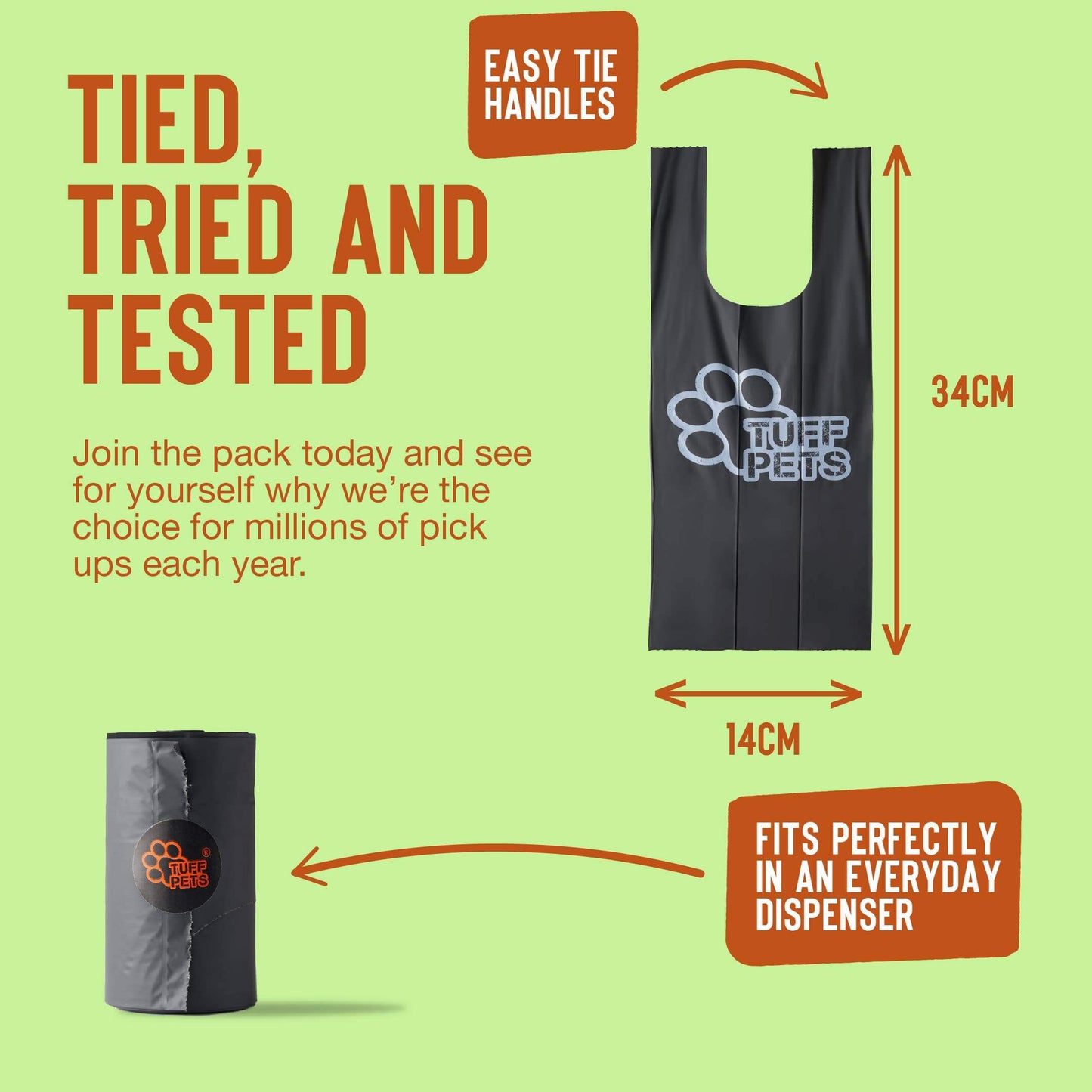 Black reusable tote bag with Tuff Pets logo on a green background, featuring text about the product's features.