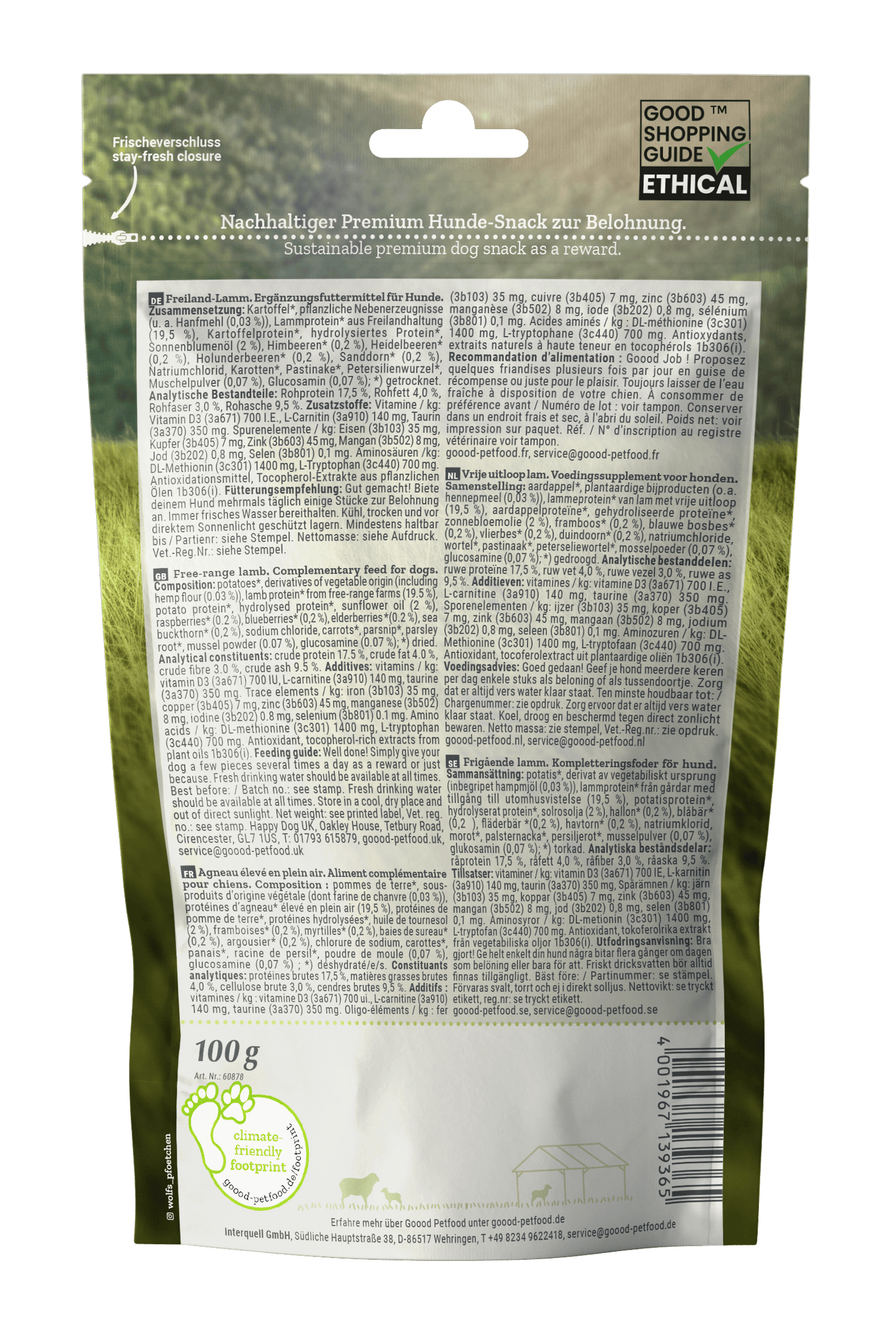 Adult Soft Gooodies - free range lamb dog treats packaging with natural ingredients and ethical sourcing.