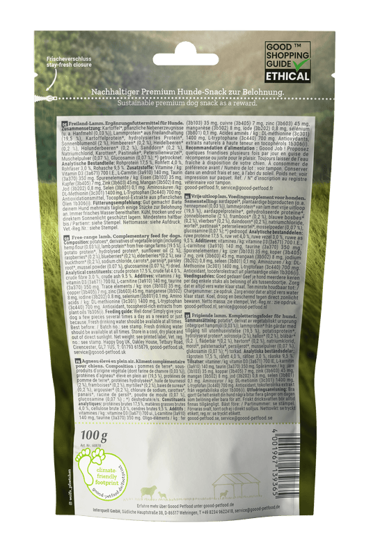 Adult Soft Gooodies - free range lamb dog treats packaging with natural ingredients and ethical sourcing.