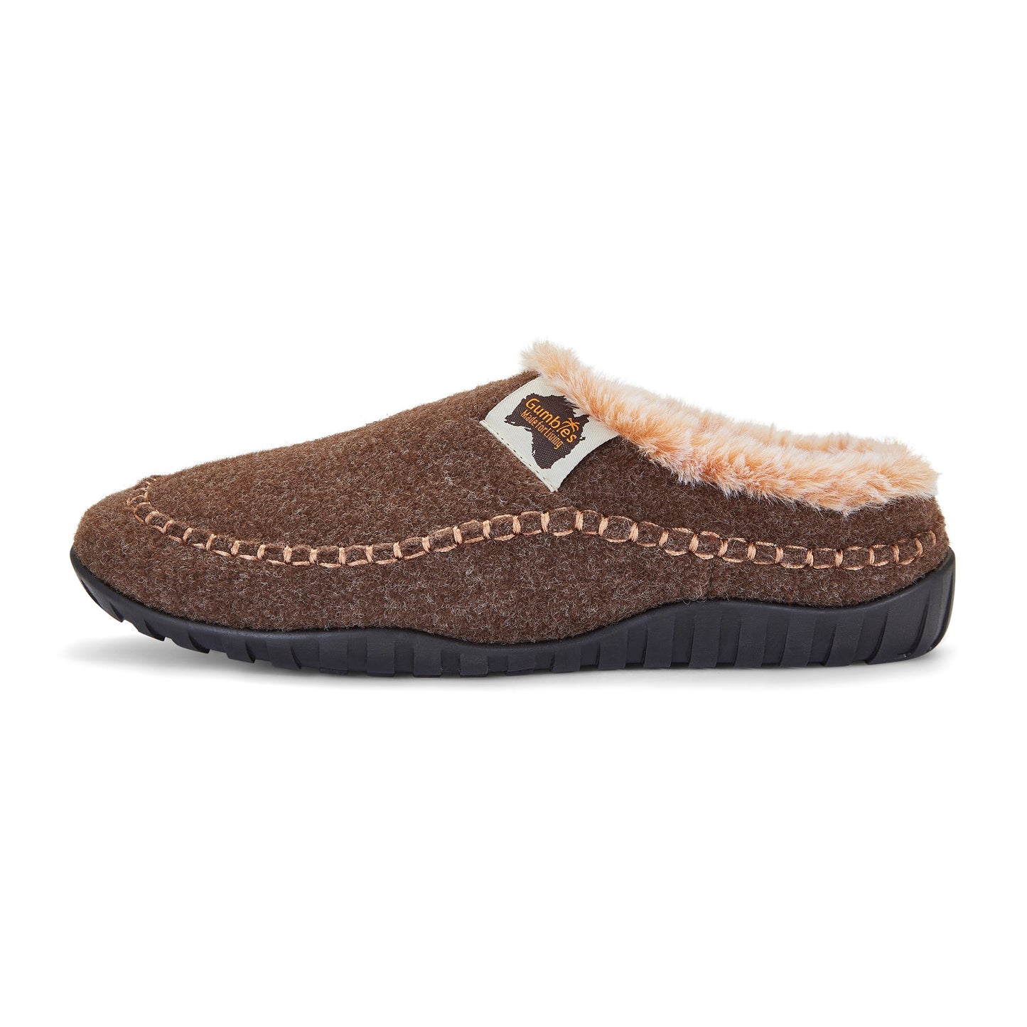 Brown slipper with fur lining on a white background