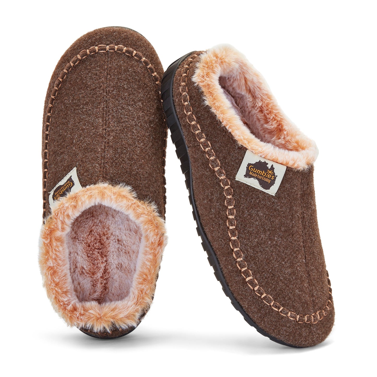 Pair of brown slippers with fur trim on a white background