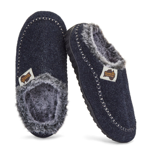 Ossa Low - Men's - Navy & Grey back view showing plush faux fur lining and durable sole.