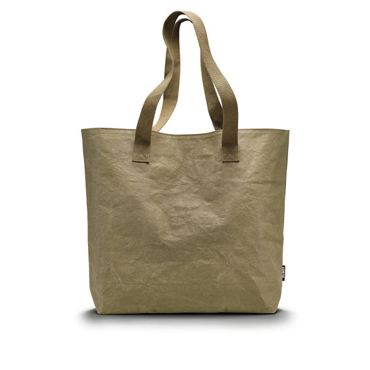 Beige tote bag with handles on a white background