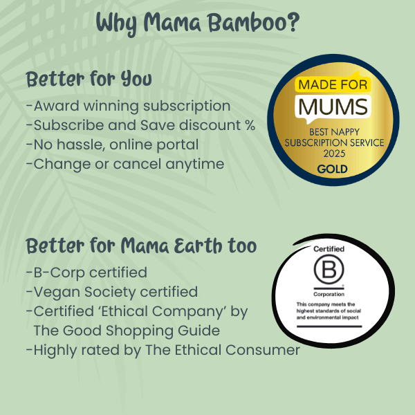Promotional graphic for Mama Bamboo with certification badges and text on a green background