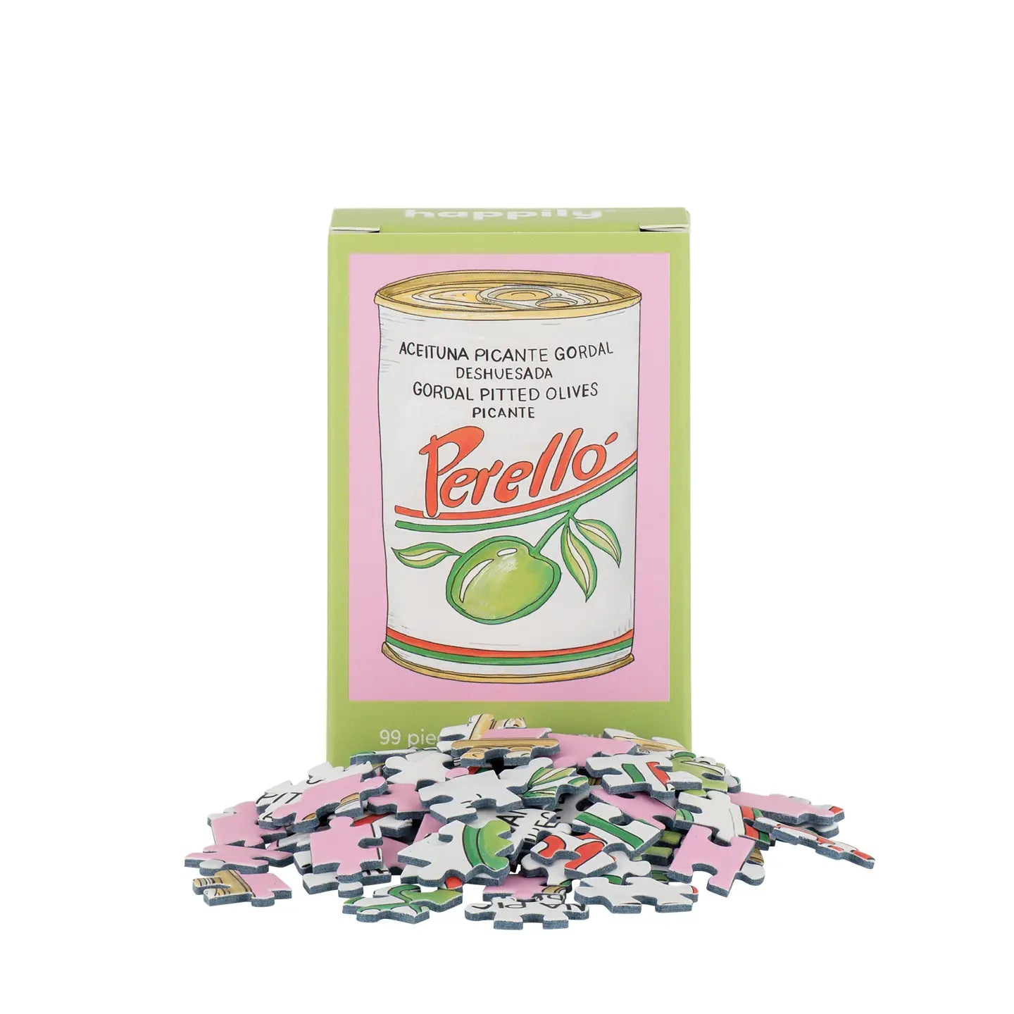 Puzzle box with a can of Perello olives design on a white background