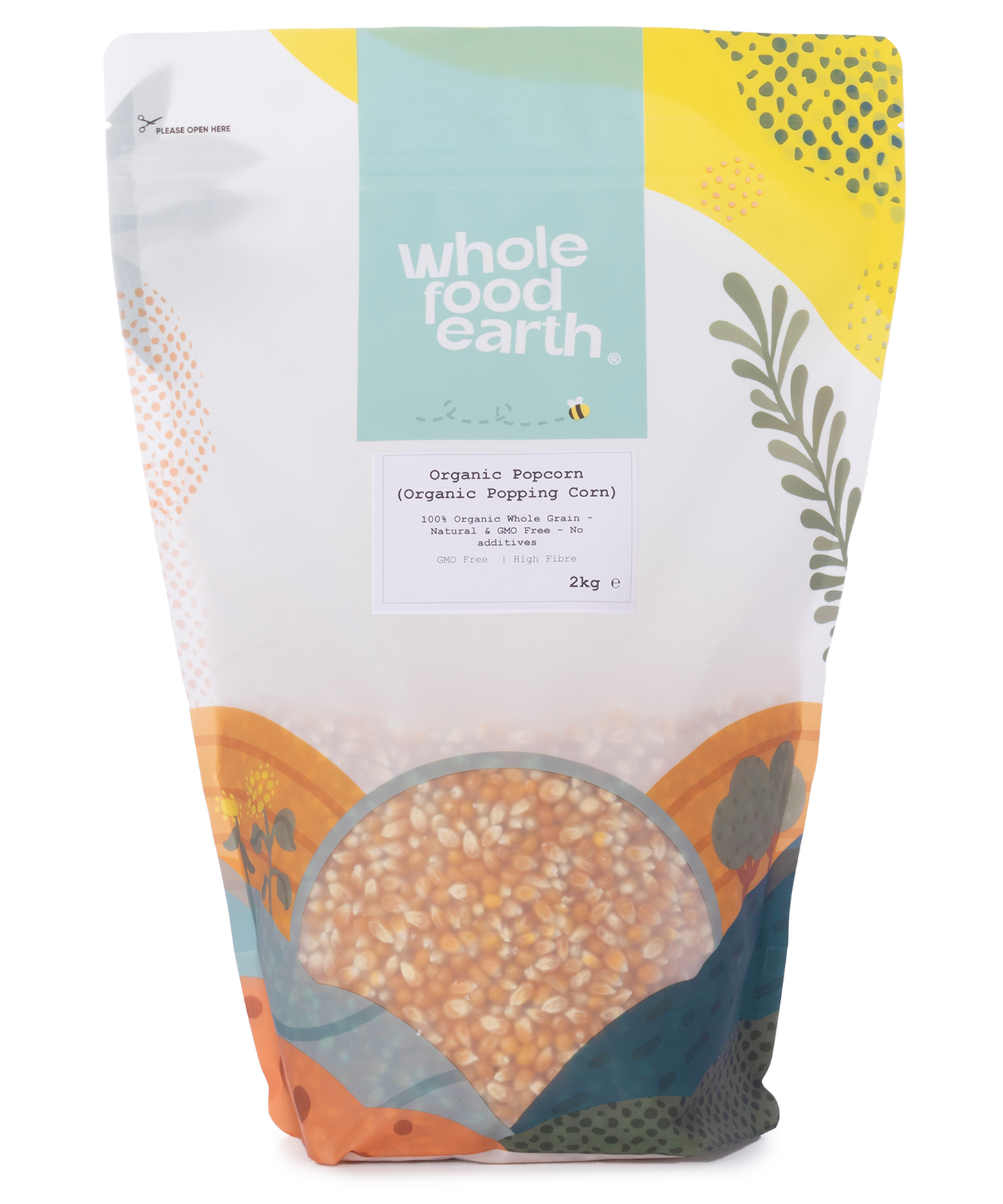 Whole Food Earth organic popcorn packaging on a white background