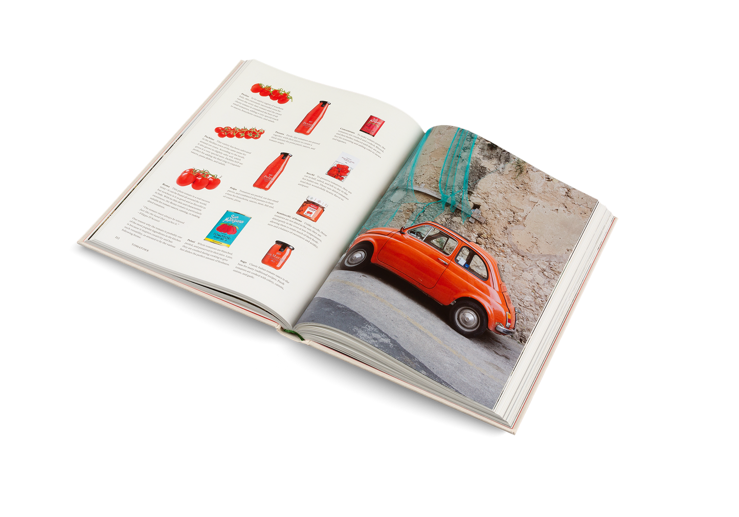 Open book with images of a red car and other objects on a white background