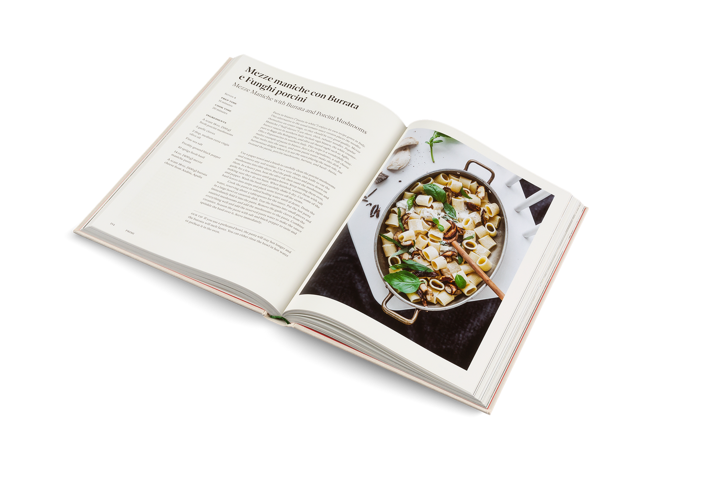 Open cookbook showing a page with a recipe and an image of a dish on a white background
