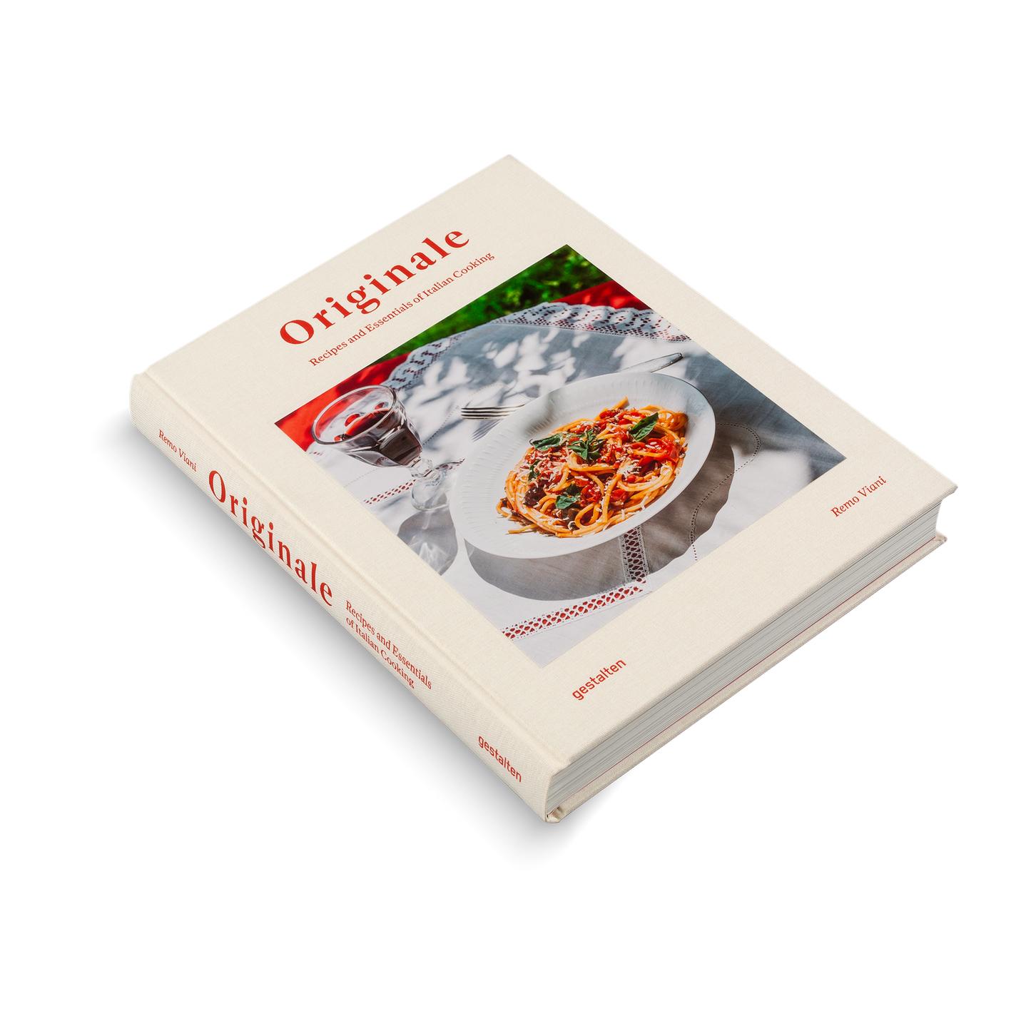 Cookbook titled 'Originale' with a cover featuring a dish of pasta and a glass of red wine on a white background.