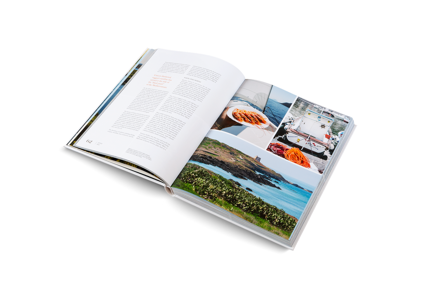 Open book with images of a coastal scene and people on a white background