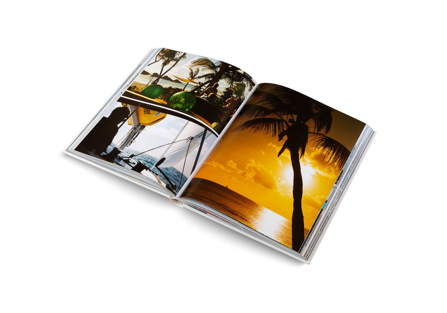 Open photo album showing a sunset and palm tree scene