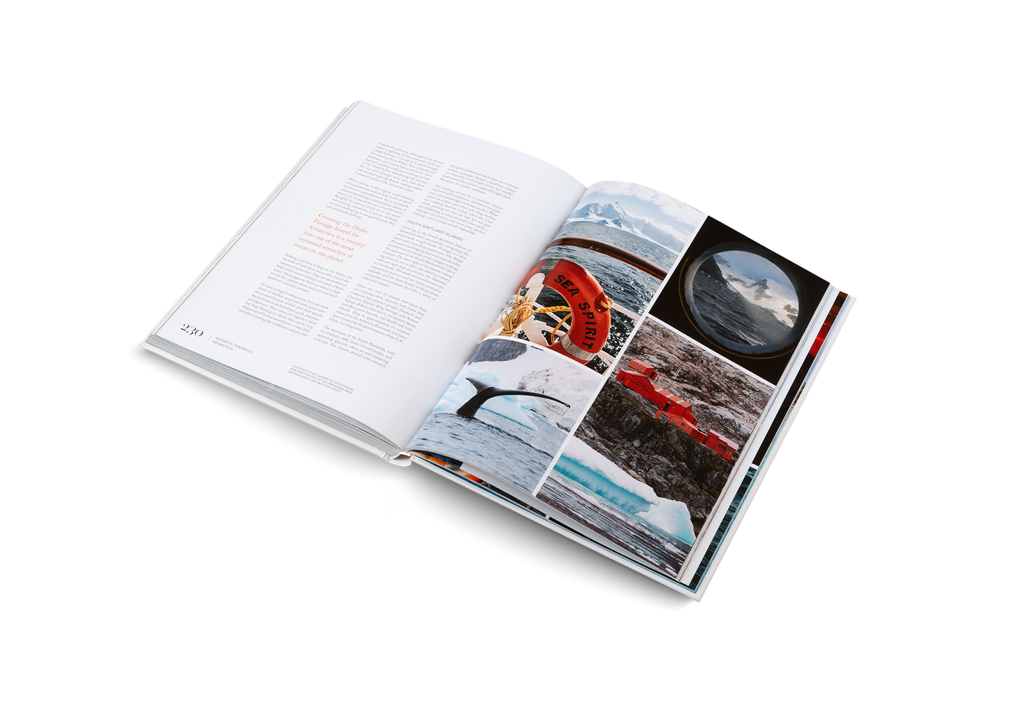 Open book with images of a ship and nature on a white background