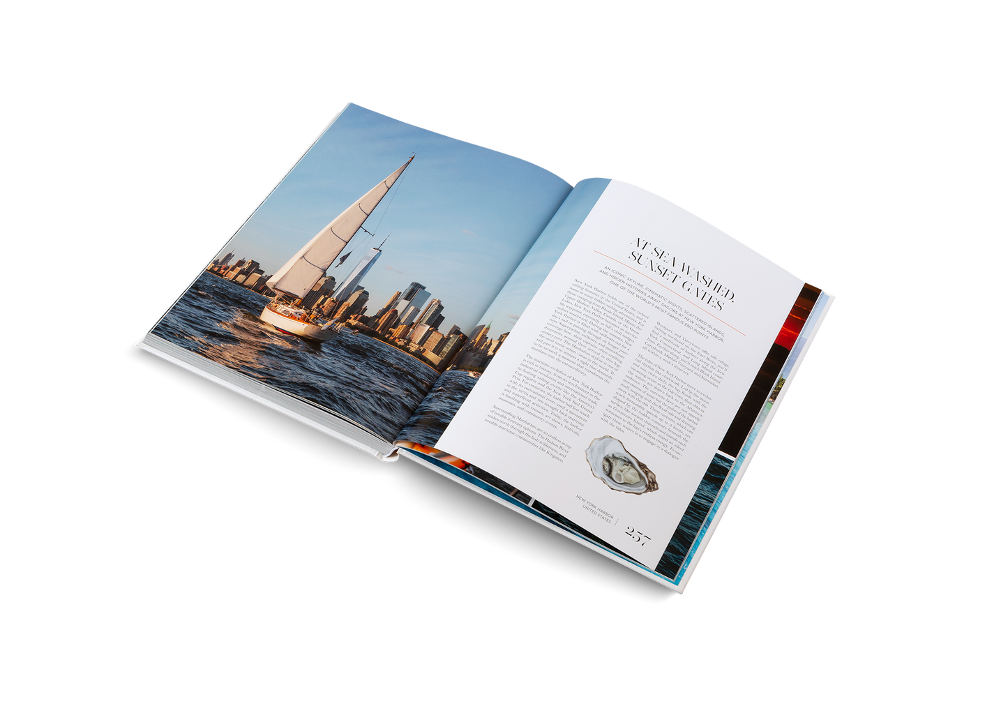 Open book with a photograph of a city skyline and text on a white background