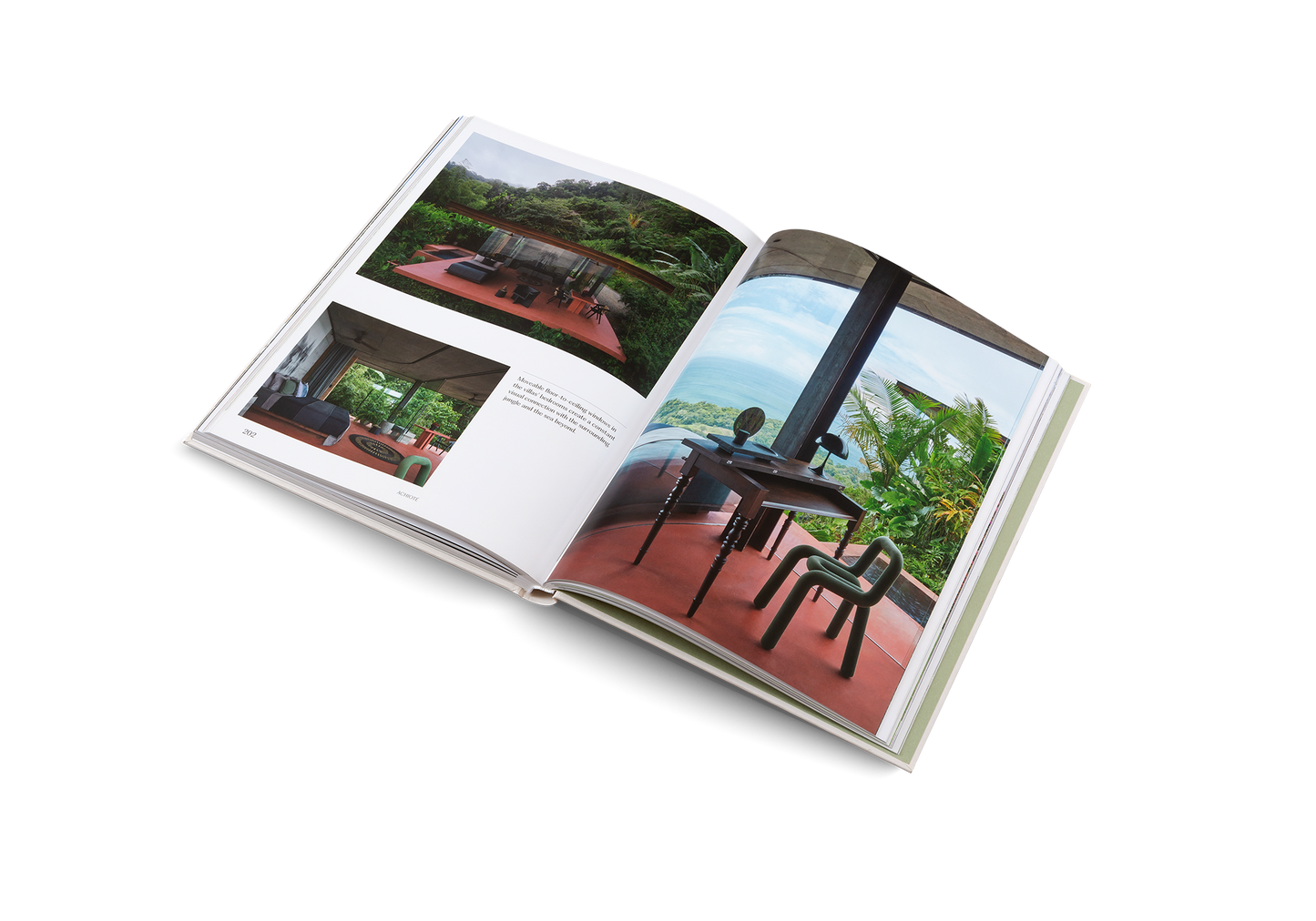 Open book showing images of outdoor furniture with a white background