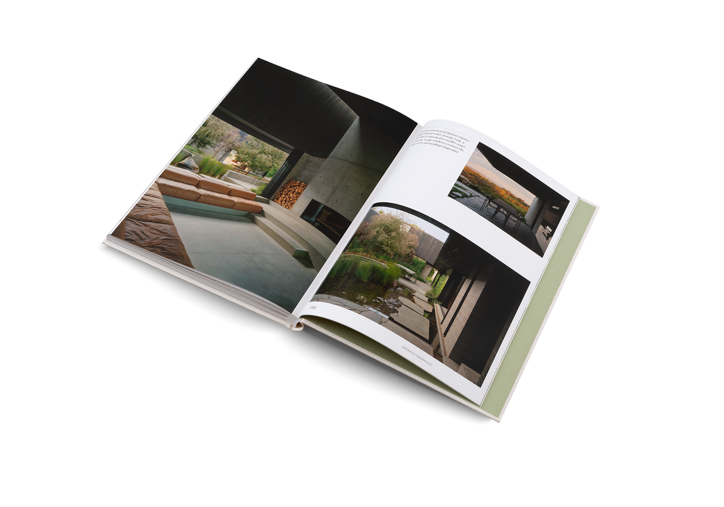 Open book displaying interior design images on a white background