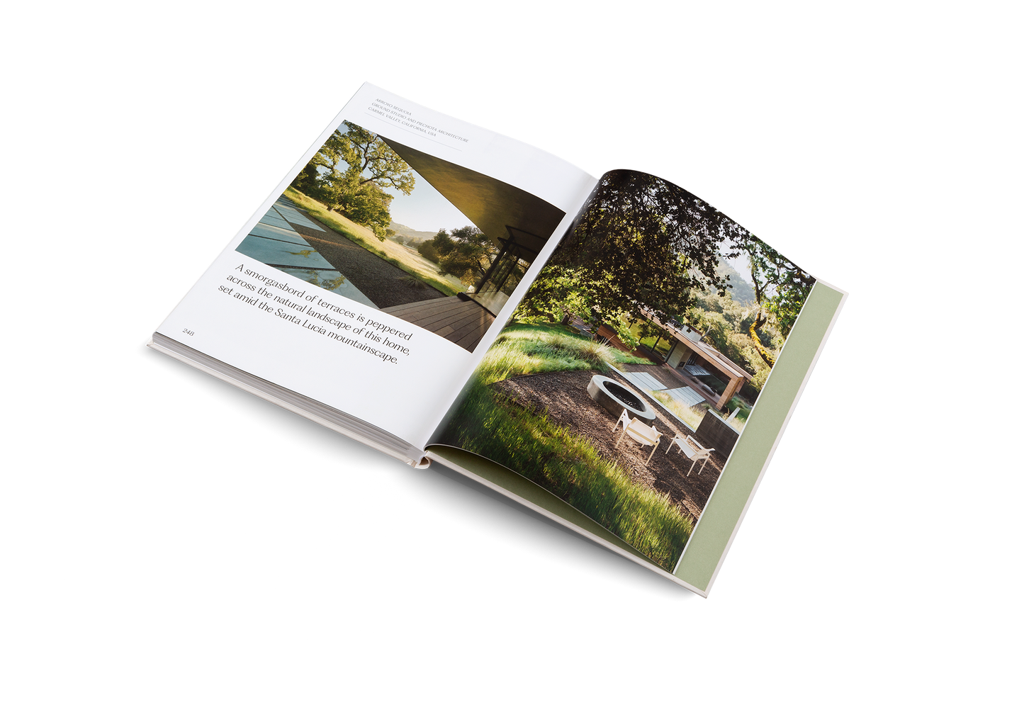 Open book showing images of a car in a natural setting