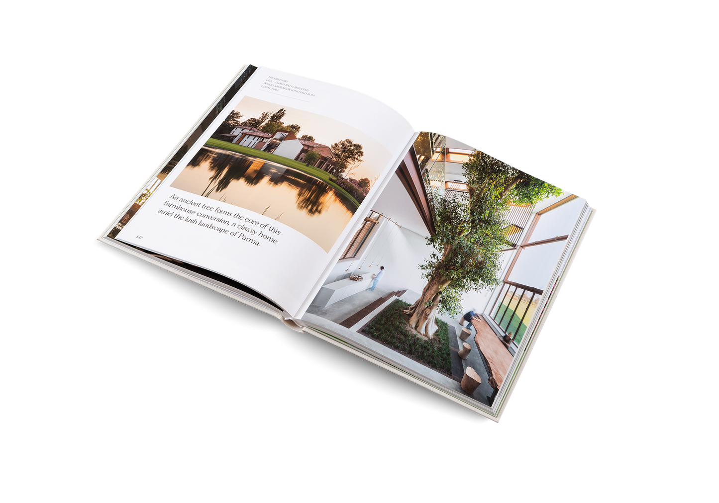 Open book showing images of a house exterior with a garden.