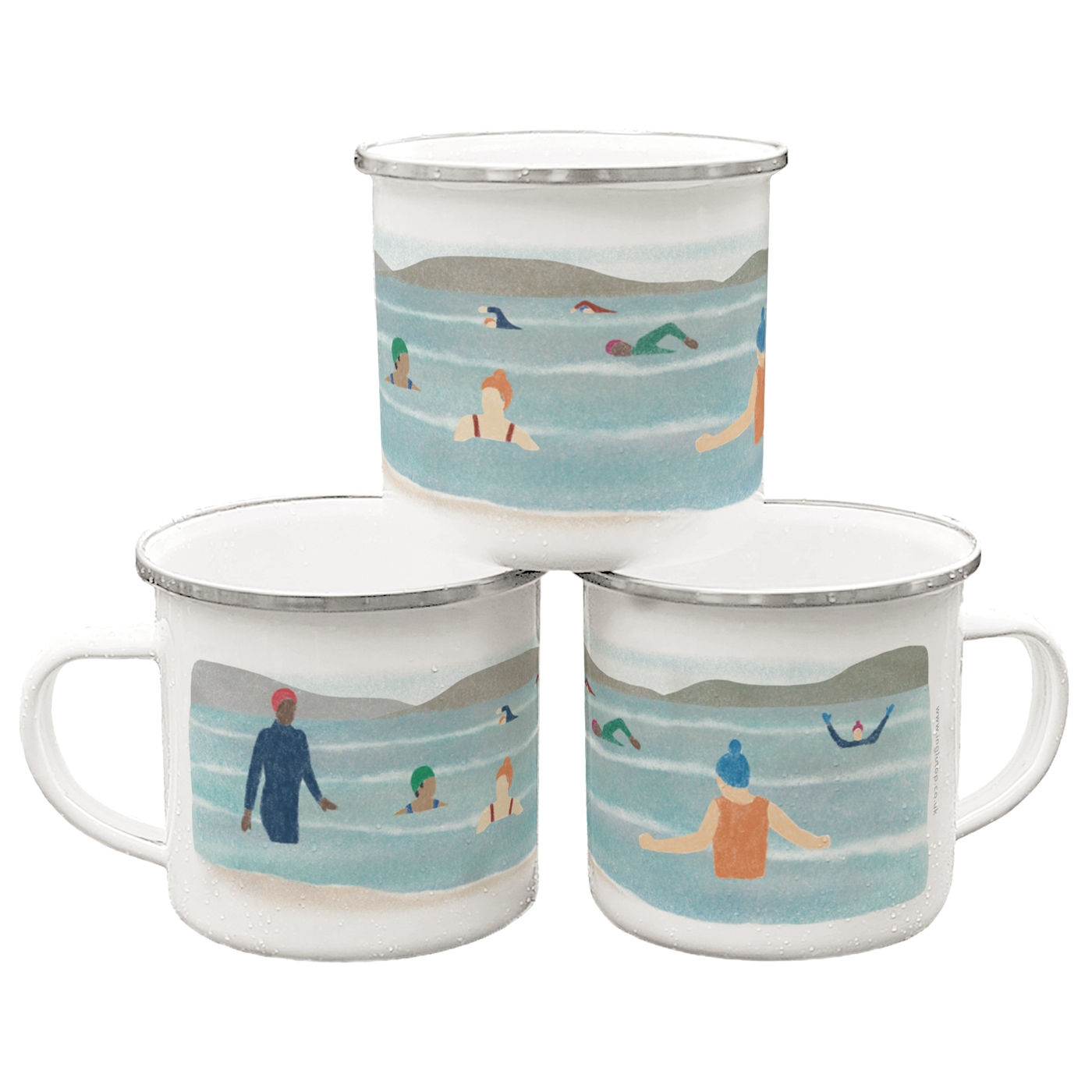 Three enamel mugs with beach scene illustrations on a white background