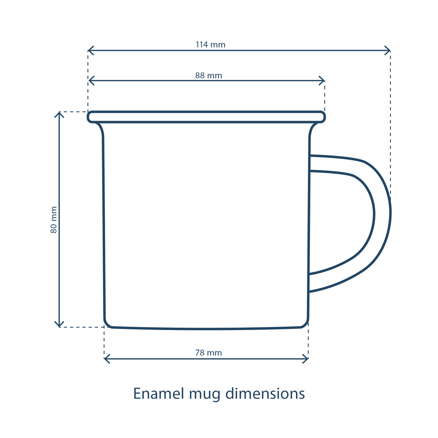 Enamel mug with dimensions labeled on a white background