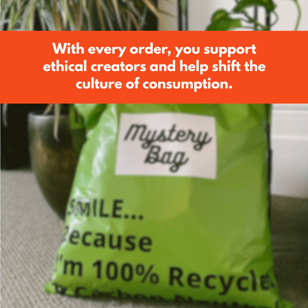 Green mystery bag with text about supporting ethical creators and shifting consumption culture.