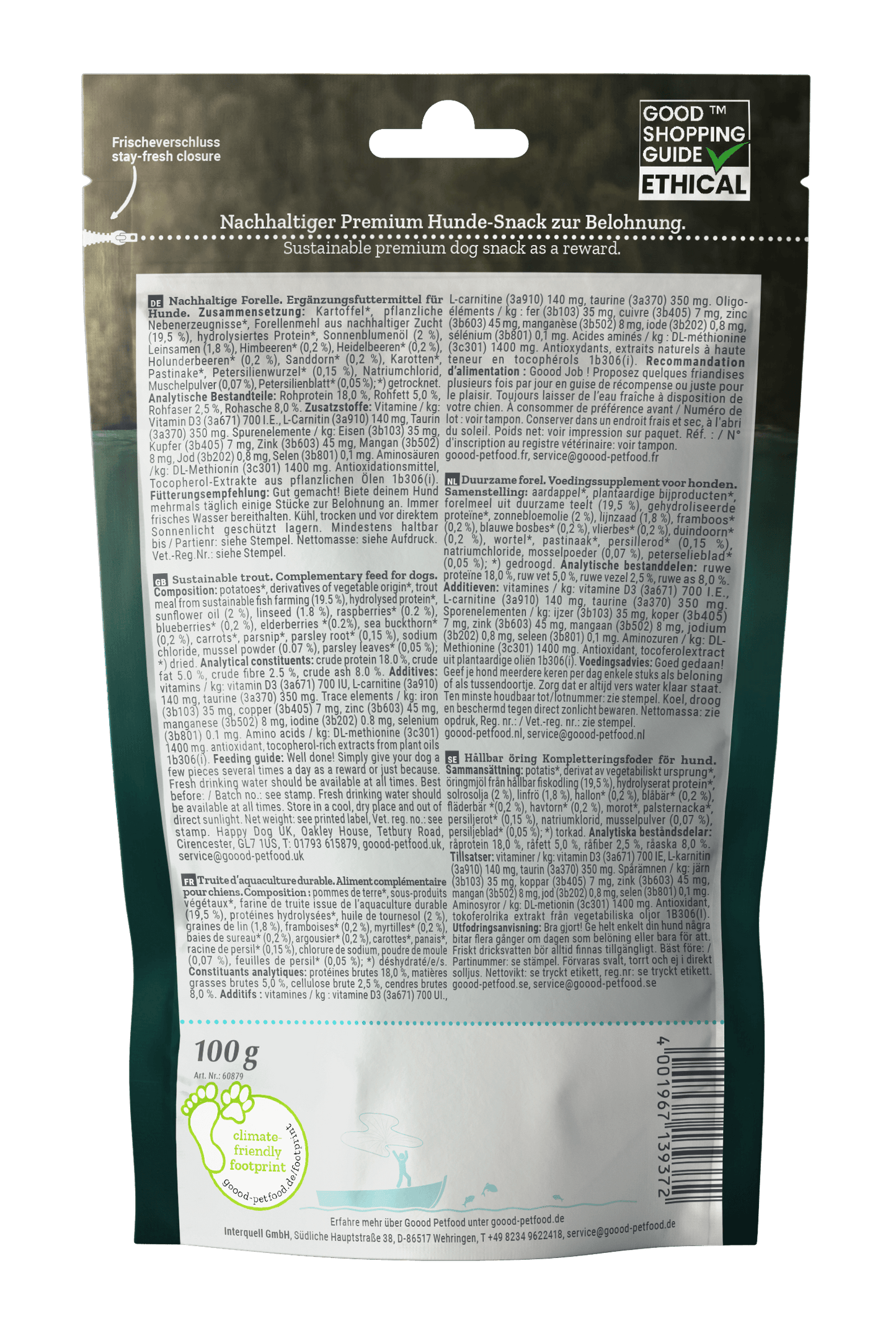Adult Soft Gooodies - Sustainable Trout packaging showing ingredients and nutritional information for dog treats.