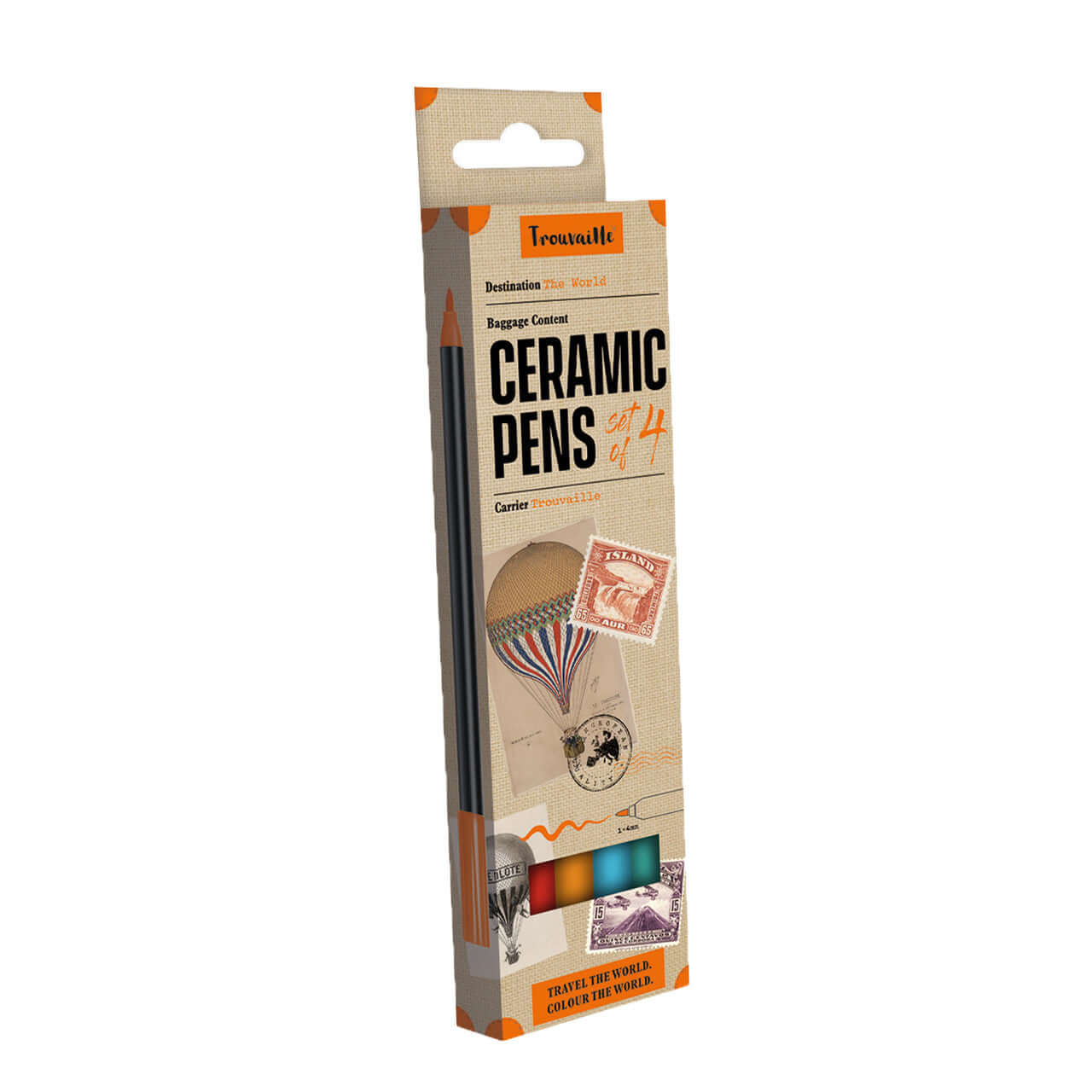 Packaging of ceramic pens with decorative elements on a white background