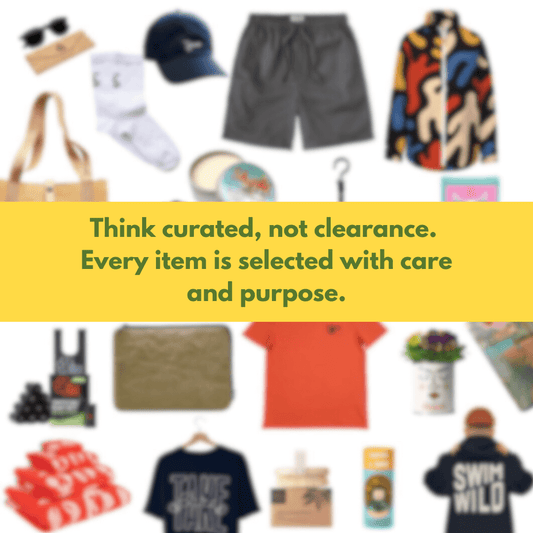 Blurred image of various clothing and accessories with a text overlay about selection criteria.
