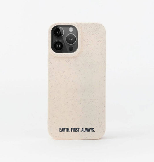 Earth. First. Always. biodegradable phone case displayed on a white background, eco-friendly online shop UK, Brighton and Hove.