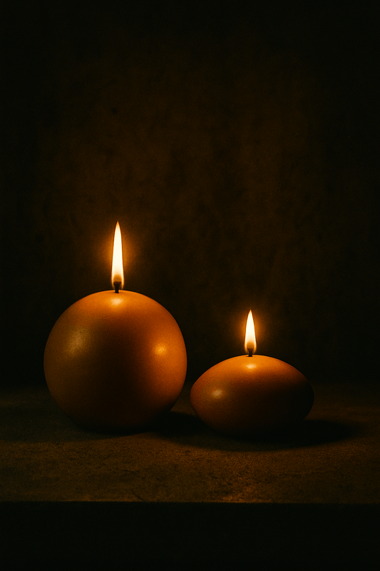 Ball & Ellipse - two ball shaped beeswax candles burning, one large and one small, on a dark background.