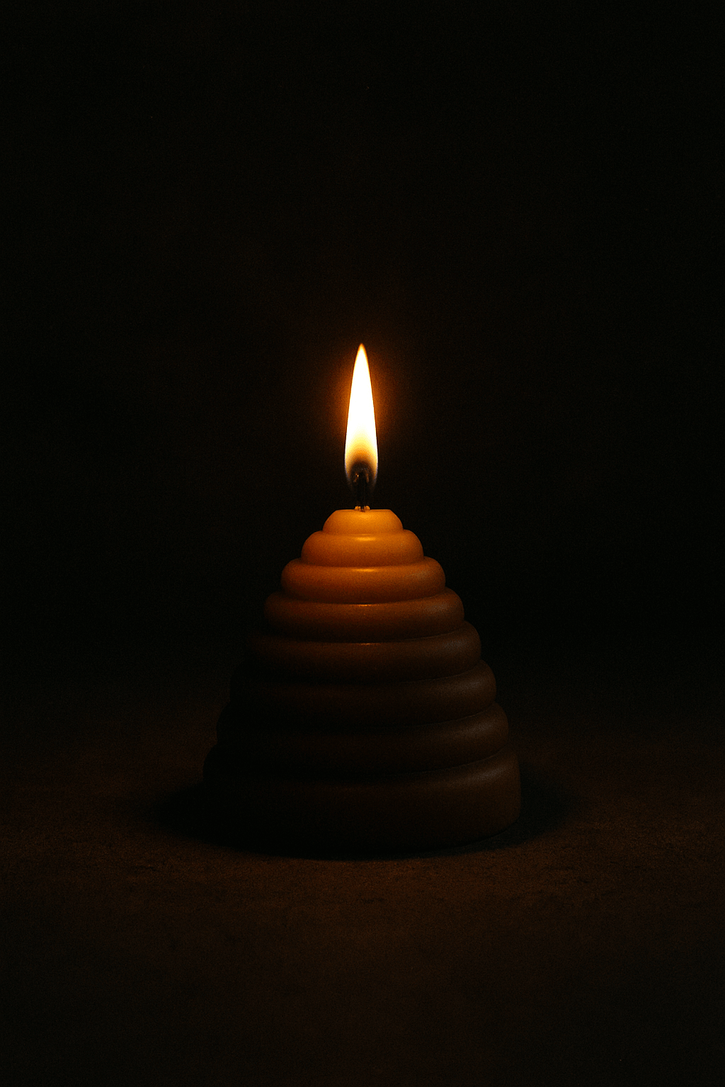 The Hive pillar candle made of beeswax with a flame burning brightly.