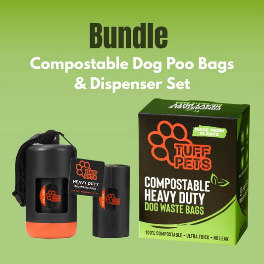 Tuff Pets compostable dog waste bags and dispenser set on a green background