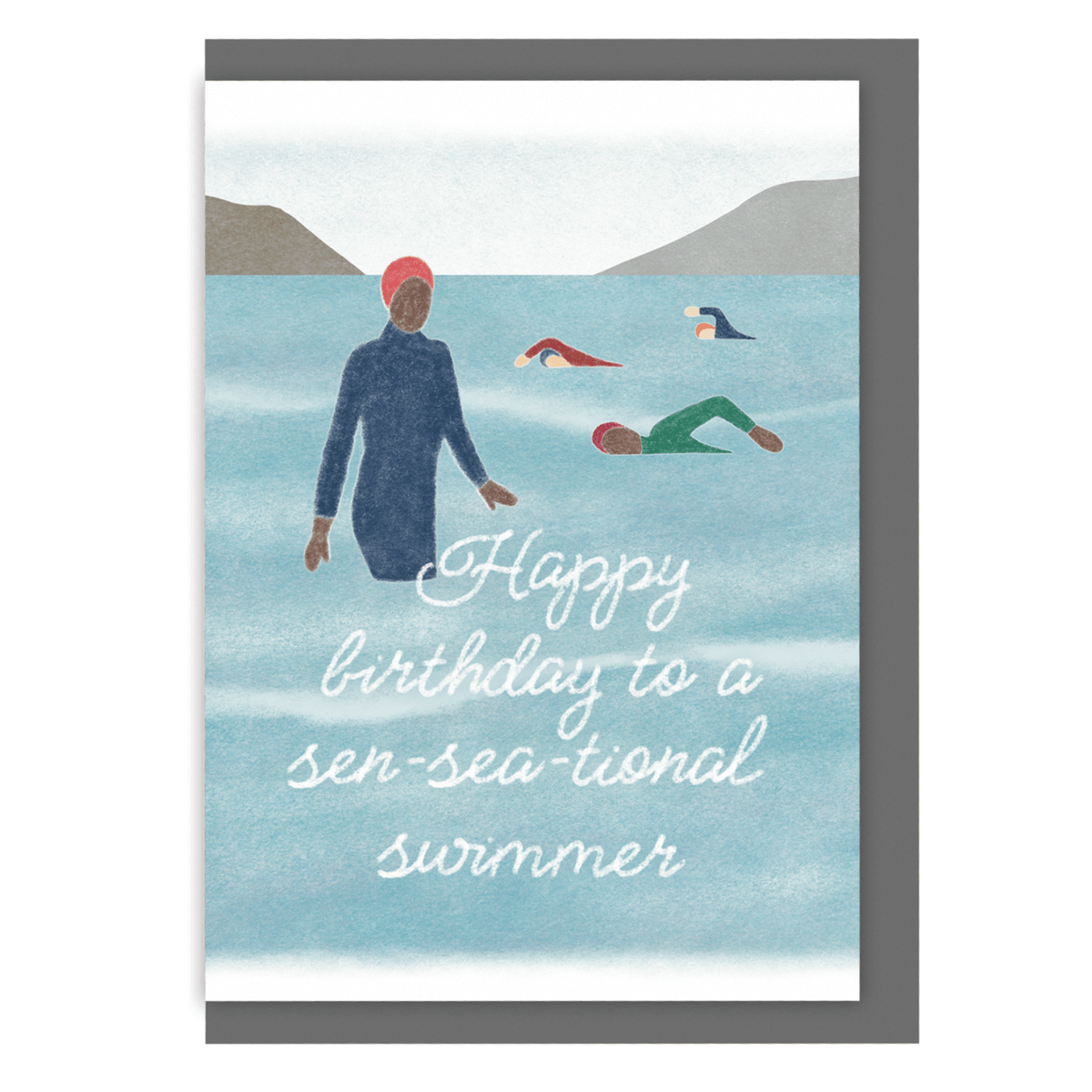 Birthday card with illustration of people swimming in the ocean and text 'Happy birthday to a sea-sea-tional swimmer'.