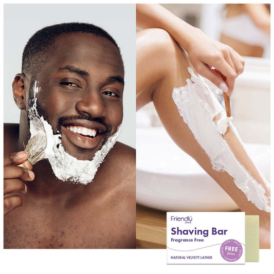 Man shaving with a Friendly Shaving Bar and a close-up of a hand applying the bar to skin.
