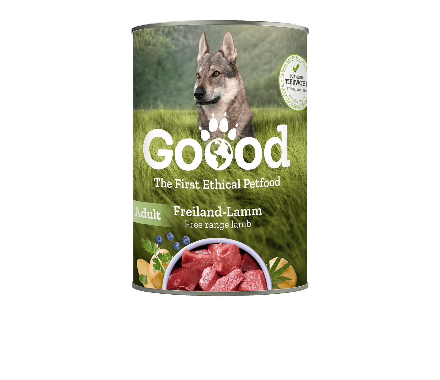 Free Range Lamb Wet Food for Adult Dogs in a can featuring succulent lamb meat for dogs.