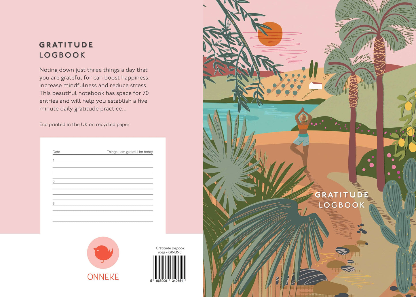 A beautifully illustrated A5 Gratitude Logbook by ONNEKE, featuring a yoga-themed cover design.