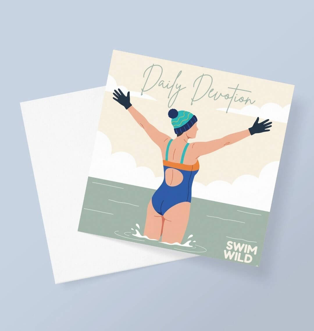 Wild Swimming Birthday Card - Daily Devotion with an illustration of a cold-water swimmer celebrating in the water.