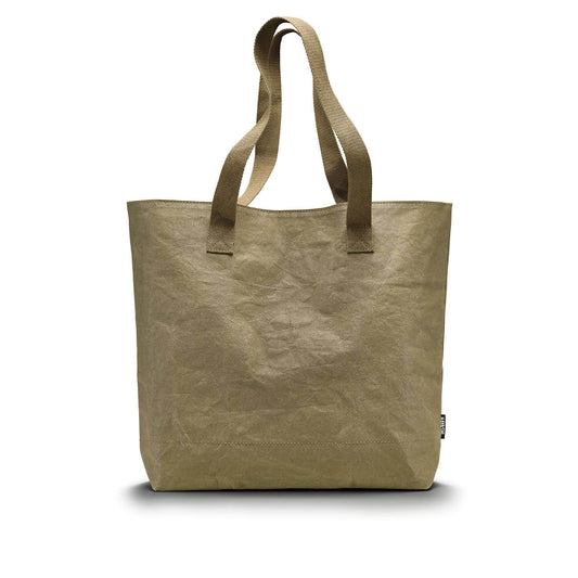 Beige tote bag with handles on a white background