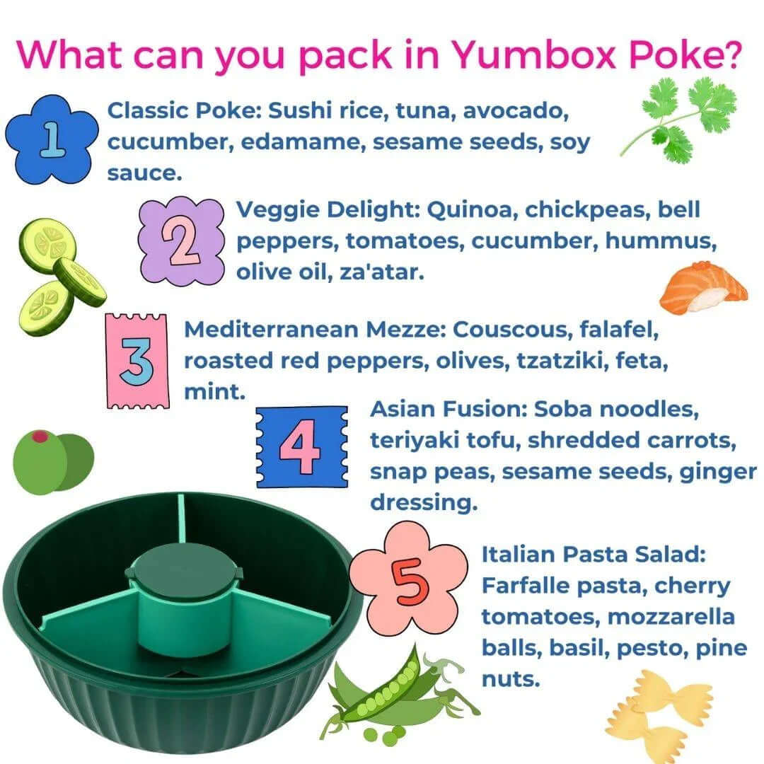 NEW! Yumbox Poke Bowl with 3 Compartment Divider - Various Colours filled with diverse ingredients for Poke recipes.