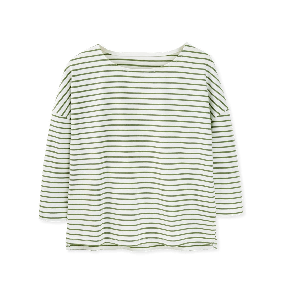 Organic Cotton Striped Boat Neck Top: Womens in green and white stripes, eco-friendly fashion from alewk.club, Brighton and Hove.