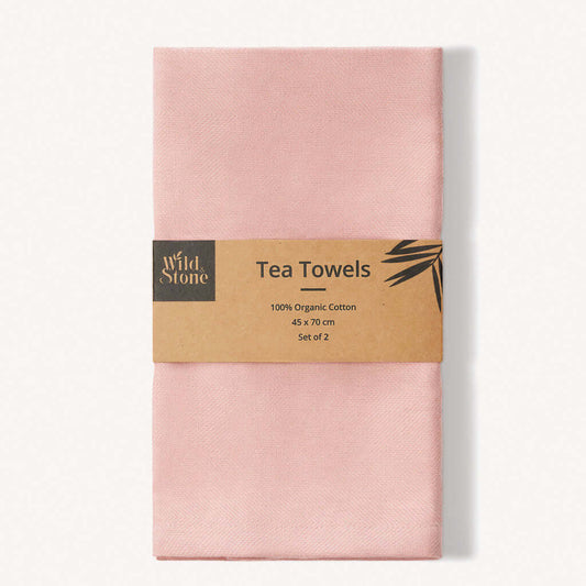 Organic Cotton Tea Towels - Herringbone Weave - Set of 2 in soft pink color, packaged for kitchen use.