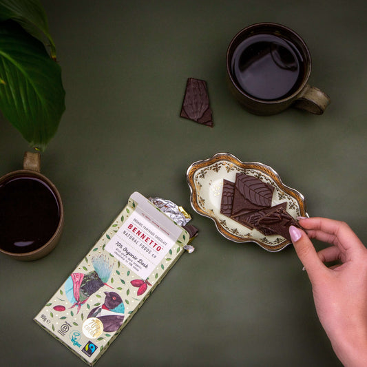 70% Organic Dark chocolate bar with cup of coffee in eco-friendly online shop in Brighton and Hove.