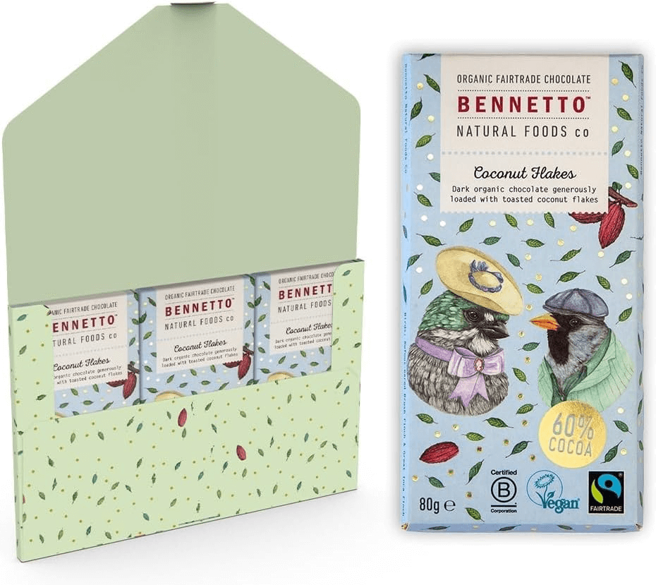 Coconut Flakes, dark organic chocolate with toasted coconut from eco Friendly Online Shop in Brighton and Hove, UK.