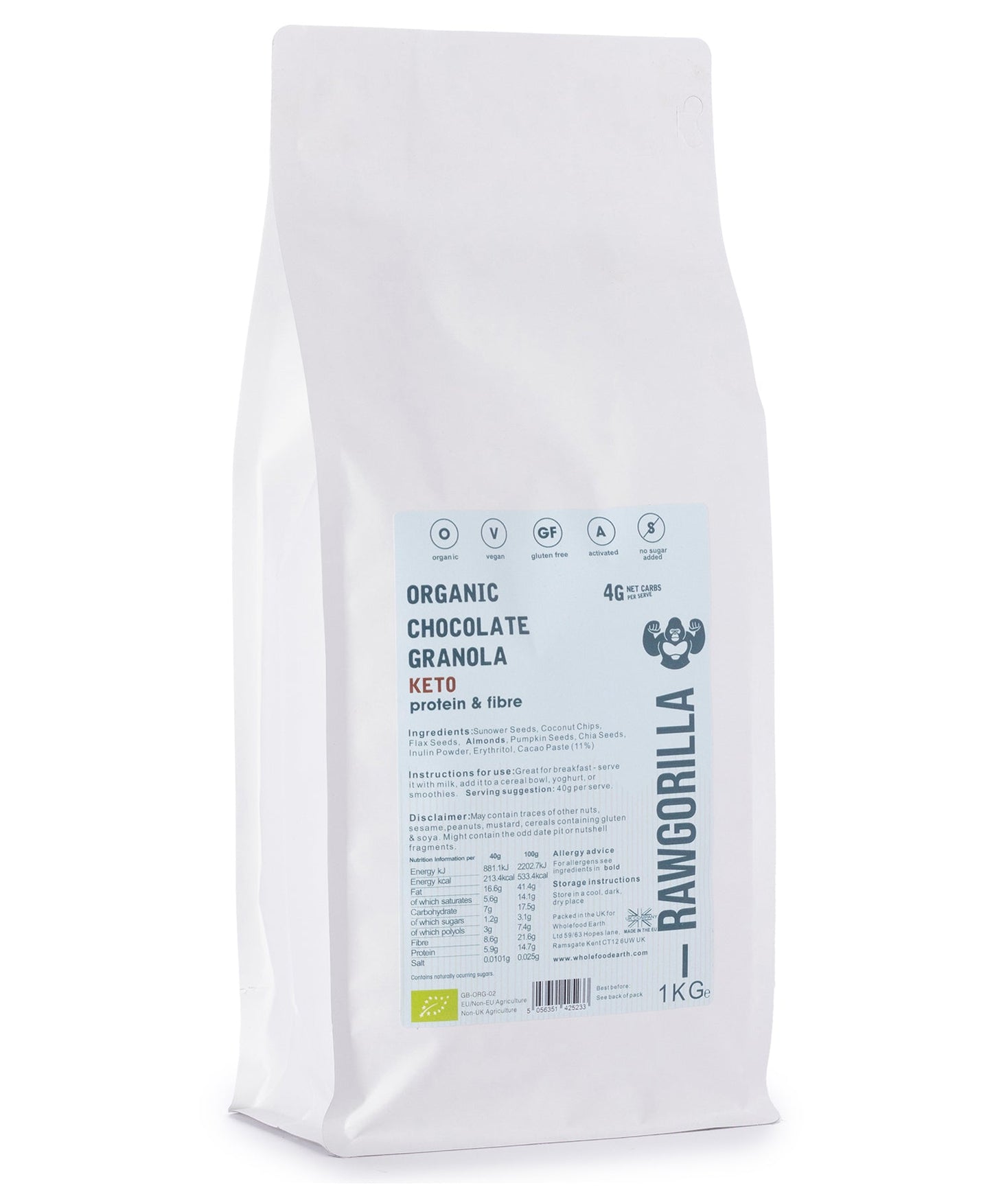 Organic Keto Chocolate Granola - RAWGORILLA - 1kg packaging with nutritional information at alewk.club