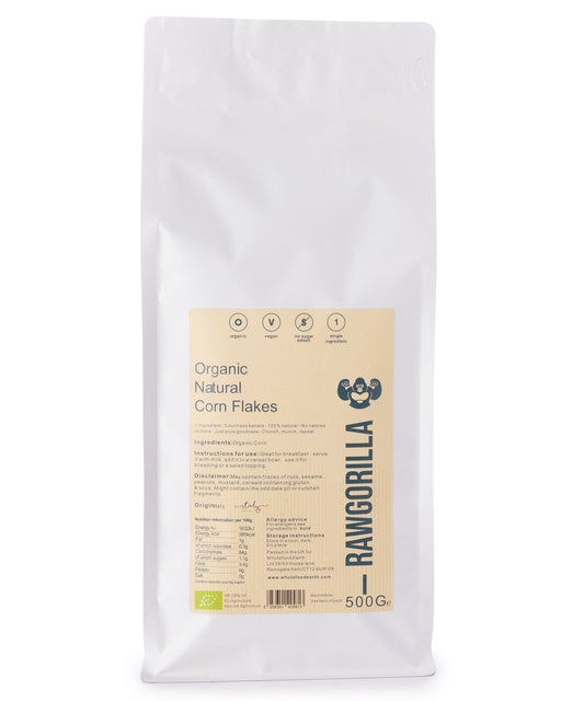 Organic Natural Corn Flakes - RAWGORILLA - 500g packaging with nutritional information and eco-friendly branding.