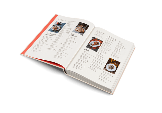 Open cookbook showcasing recipes from Originale: Recipes and Essentials of Italian Cooking.