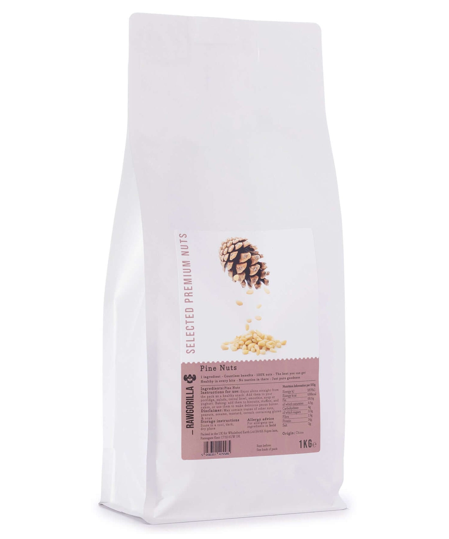 Organic Pine Nuts - RAWGORILLA - 1kg package with product information and nutritional details.