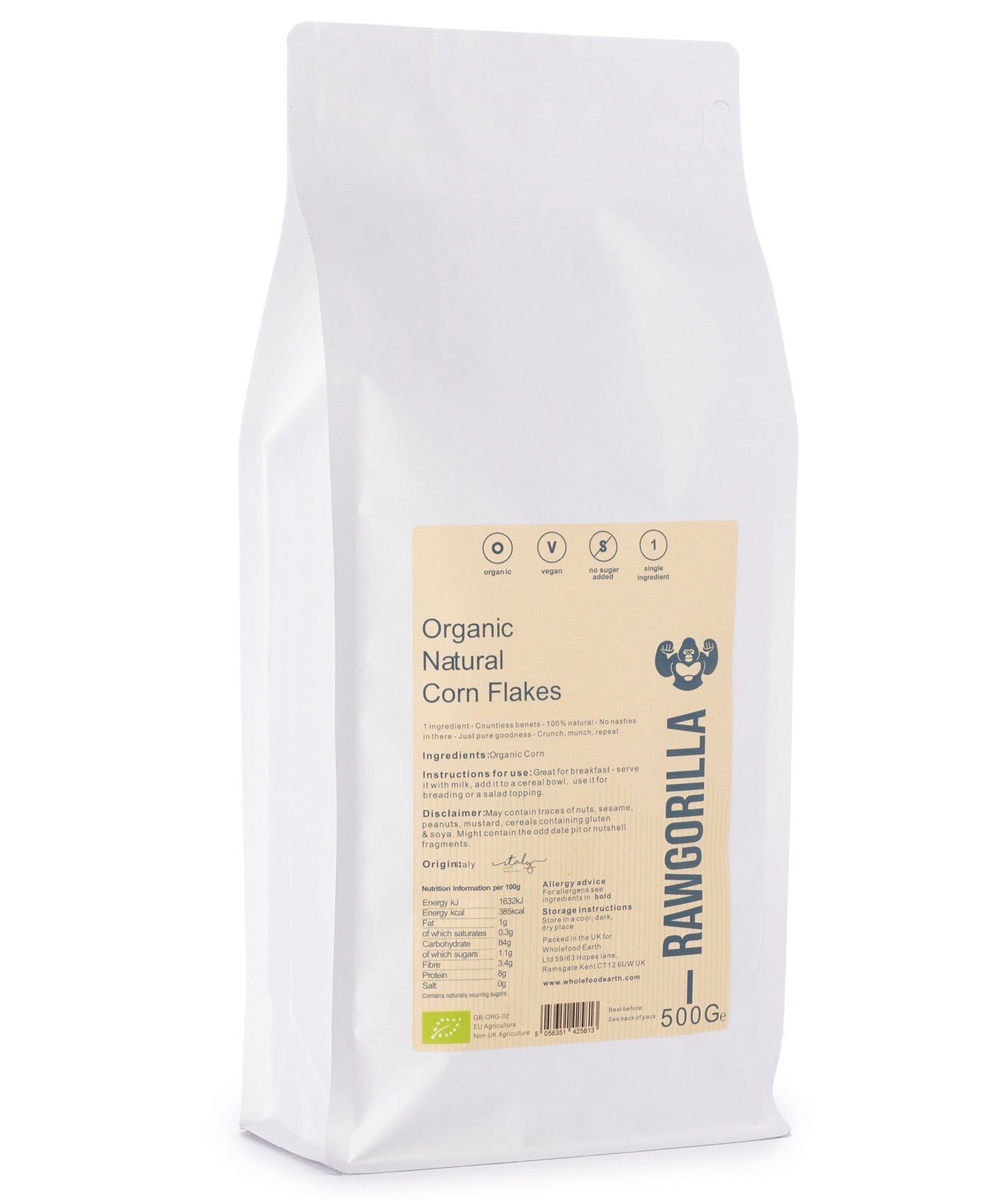 Organic Natural Corn Flakes - RAWGORILLA - 500g packaging, eco-friendly product from at alewk.club, Brighton and Hove.