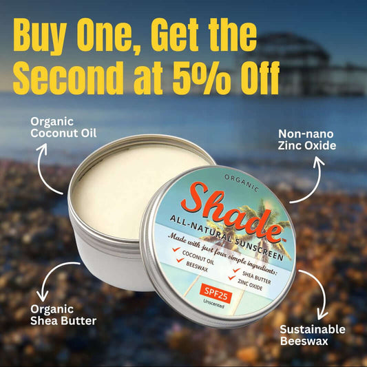 Shade sunscreen container with beach background and promotional text